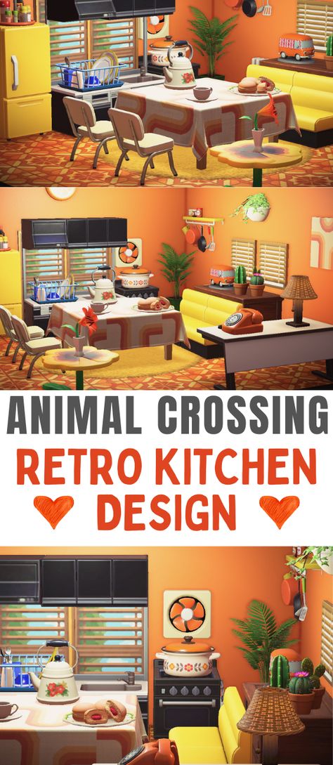 Animal Crossing New Horizons (ACNH): Retro Kitchen Design Acnh 70s House, Animal Crossing 70s House, Acnh Retro Kitchen, Acnh Retro House, Animal Crossing Retro Room, Acnh Retro Room, 70s Animal Crossing Island, Animal Crossing Orange Design, Animal Crossing Retro Design