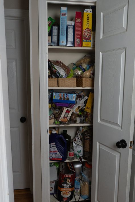 Organizing Small Pantry Closet, How To Make A Pantry Out Of A Closet, Small Narrow Pantry Ideas, Diy Small Pantry Closet, Small Pantry Shelves Ideas, Closet To Pantry Convert Diy, Small Pantry Redo, Pantry Redo Ideas, Tiny Pantry Closet