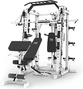 this gym system combines different strength building machines for a full-body workout; Bench adjusts at the back pad/seat pad to diversify your workout Max user weight capacity of 300 lbs Free weight rack allows you to store barbells and weight plates, you don't have to switch to a different workout station; Weight: 300 pounds incl.adjustable and removable dip bars, cable handles for cablecrossovers, a landmine attachment, and a triceps rope for triceps extensions; Dimensions (LxWxH): 70x84x86in Workout Stations, Weight Rack, Train System, Smith Machine, The Smith, Squat Rack, Strength Training Equipment, Pull Up Bar, Home Gym Equipment