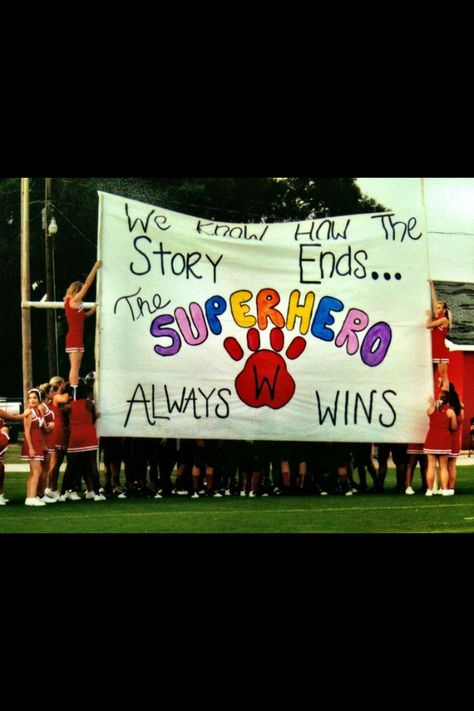 Superhero Cheer Sidelines, Homecoming Banners, Run Through Signs, Homecoming Banner, Cheer Banners, Cheerleading Signs, Football Slogans, Gym Signs, Football Banners