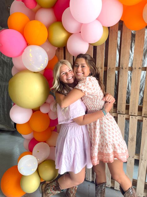 Pink Orange Yellow Graduation Party, Graduation Party Balloon Arch, Pink And Orange Graduation Party, Colorful Graduation Party, Graduation Party Colors, Party Balloon Arch, Balloons Graduation, Grad Party Theme, Proposal Party