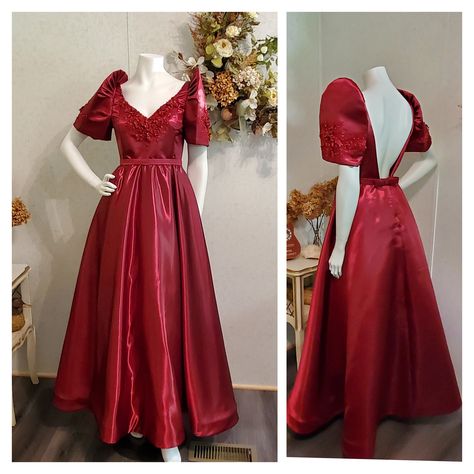 Excited to share the latest addition to my #etsy shop: Custom order. Handmade. Available color Champagne, Burgundy, White, Baby Pink, & Gold Satin embellished with appliques Low Back Filipiniana https://etsy.me/3aY74v2 Red Filipiniana Dress, Red Filipiniana Gown, Red Filipiniana, Filipiniana Skirt, Gown Filipiniana, Terno Sleeves, Filipiniana Dress Modern, Philippines Dress, Filipiniana Gown