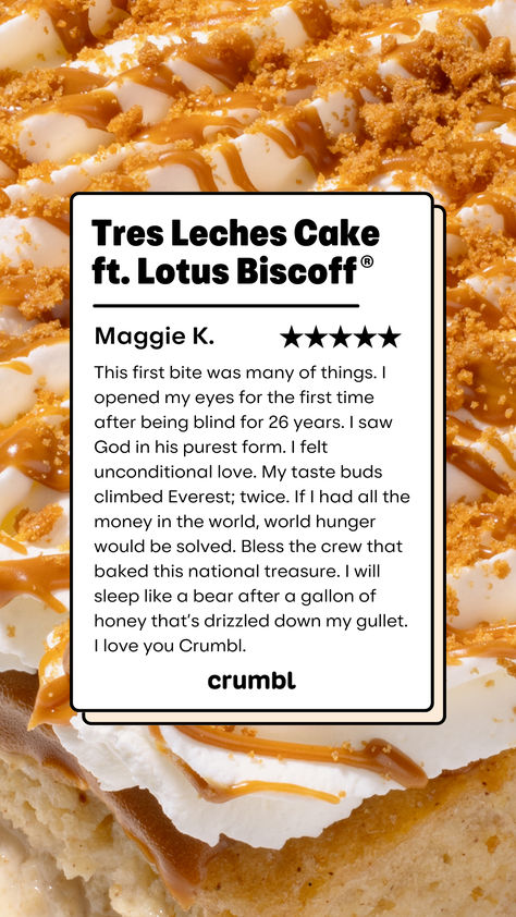 Maggie gets it. Have you tried our new Tres Leches Cake ft. Lotus Biscoff® yet? 🧡 Leches Cake, Crumbl Cookies, Lotus Biscoff, World Hunger, Tres Leches Cake, Tres Leches, First Bite, Have You Tried, You Tried