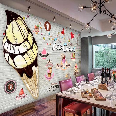 European Pink Cake Dessert Mural Wall Paper 3D Modern Coffee Dessert Shop Snack Bar Industrial Decor Background Wallpaper 3D|Wallpapers| - AliExpress Walls Ice Cream, Brick Wall Wallpaper, 3d Wallpaper Mural, Food Graphic Design, Custom Murals, Ice Cream Parlor, Ice Cream Shop, Painting Wallpaper, Shop Interior Design