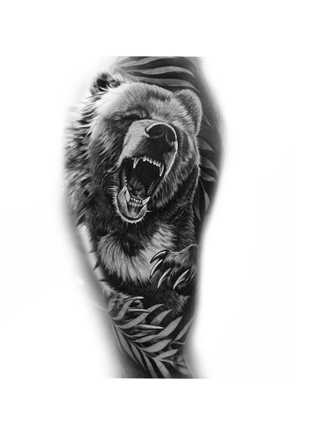 Grizzly Bear Tattoos For Men, Bear Tattoos For Men, Grizzly Bear Tattoos, Bear Tattoo Designs, Surreal Tattoo, Compass Tattoo Design, Bear Tattoos, Leg Tattoo Men, Bear Tattoo