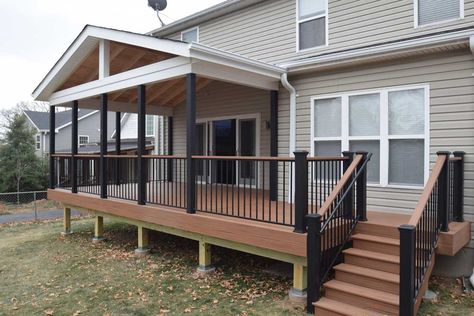 Pavilions - California Custom Decks Deck With Covered Porch, Wrap Around Deck Ideas Layout, Deck Half Covered, Black House Deck Color, Covered Deck Inspiration, Two Story Covered Deck, Half Covered Half Open Deck, Black Covered Deck, Half Covered Deck Ideas