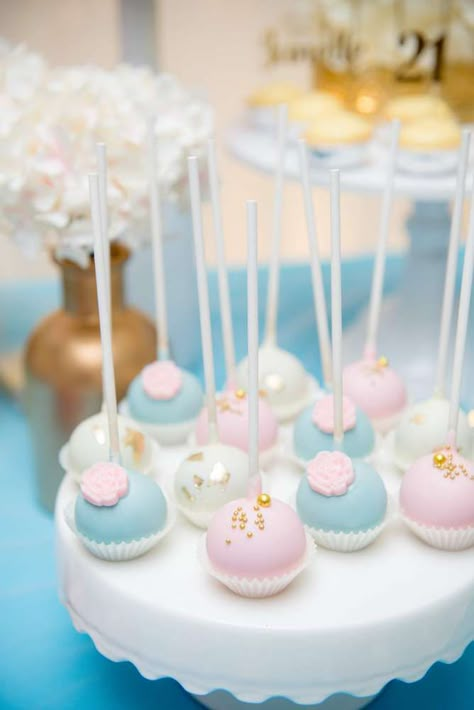 The cake pops  at this beautiful Blue, Pink & Gold Themed Birthday  Party!! #catchmyparty  #partyideas #21stbirthdayparty #vintagebirthdayparty #vintageparty #cakepops Desert For Gender Reveal, Pink Blue Baby Shower Ideas, Pink And Blue Cake Pops, Cake Pops Gender Reveal, Gender Reveal Cake Pops, Gold Theme Birthday, Gender Reveal Food, Cake Pops Recipe, Pink And Gold Birthday Party