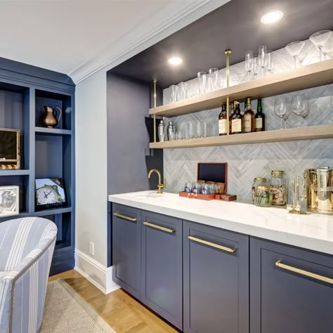 Navy Wet Bar Cabinets, Blue Wet Bar Cabinets, White Dry Bar Ideas, Wet Bar With Off Center Sink, Navy Blue Cabinets Basement Bar, Blue Cabinet Bar, Long Wet Bar Ideas, Blue Bar Cabinet Ideas, Blue Bar Ideas