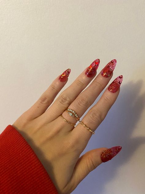 Red And Gold Nails Aesthetic, Red Butterfly Nails, Red Dragon Nail Design, Red Nails With Gold Charms, Red And Gold Press On Nails, Red Prom Nails, Red Nails Gold Charms, Stiletto Press On Nails, Long Stiletto