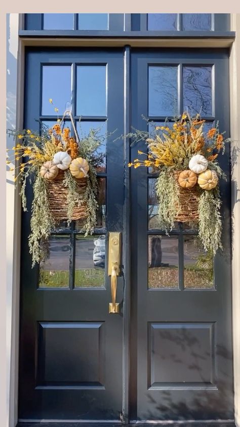 Christmas Front Door Basket, Farmhouse Study, Fall Door Basket, Amanda Nighbert, Door Baskets, Front Door Baskets, Fall Door Decor, Door Basket, Basket Wreath