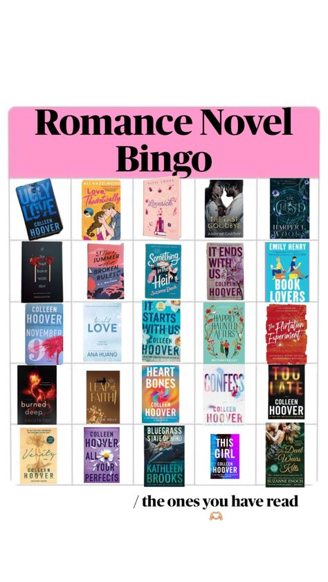 Romance Novel Bingo #bingoboard #bookaesthetics #booklovers #bingochallenge #colleenhoover #romancenovel Bingo Board, Colleen Hoover, Romance Novels, Romance Books, Bingo, Book Lovers, Romance, Reading, Books