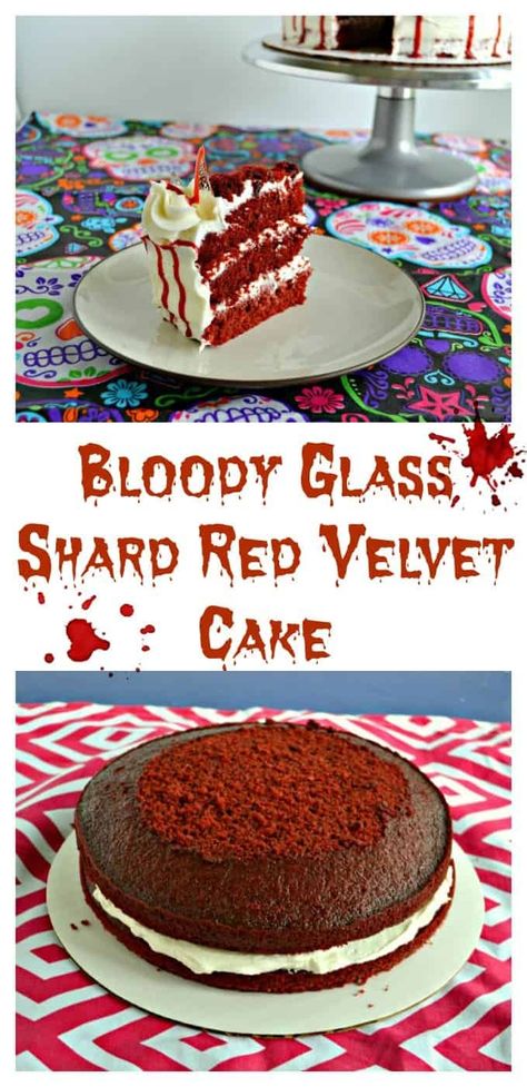 Red Velvet Cake topped with Bloody Glass Shard candy is a fun and spooky Halloween Cake. #cakerecipes #HalloweenRecipes #redvelvetcake | Red Velvet Cake | Cake Recipes | Dessert Recipes | Halloween Recipes | Glass Shards Dessert | Bloody Desserts Dessert Recipes Halloween, Fandom Cakes, Fluffy Buttercream Frosting, Fluffy Buttercream, Spooky Halloween Cakes, Recipes Halloween, Chicory Recipe, Halloween Food Desserts, Trifle Pudding