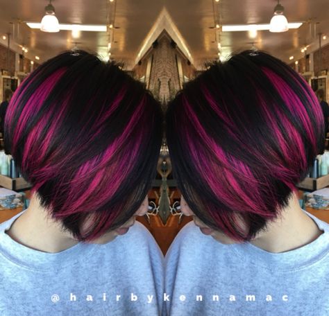 Short Hair Fun Colors, What Highlights Go With Black Hair, Highlight Placement Bob, Fashion Colors On Short Hair, Black And Pink Pixie Hair, Peekaboo Bob Hair, Fun Color Bob Hair, Short Hair With Fun Colors, Vivid Bob Hair