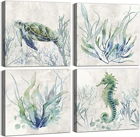 WZSart Marine Animals Plants Canvas Wall Arts Watercolor Sea Turtle Seahorse Seaweed Printed Pictures Artwork Vintage Painting Decoration for Bathroom Living Room Toilet Ready to Hang 12"x12"x4pcs Plants Bathroom Decor, Decoration For Bathroom, Plants Bathroom, Watercolor Sea Turtle, Printed Pictures, Turtle Decor, Painting Decoration, Rustic Coastal, Mandala Canvas