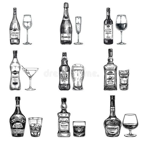 Photo about Vector hand drawn illustration with alcoholic drinks. Sketch. Illustration of bottle, design, juice - 63925430 Cocktail Illustration, Bottle Tattoo, Bottle Drawing, Bff Tattoos, Alcohol Bottles, Hand Drawn Vector Illustrations, Hand Drawn Illustration, Hand Drawn Vector, Drawn Illustration