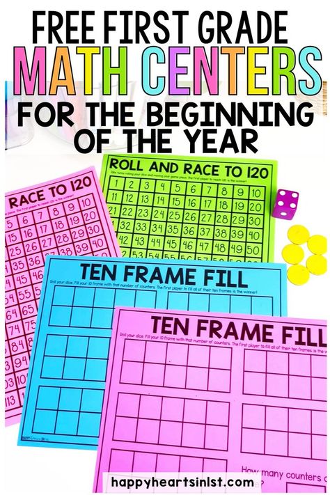 Free math center games for first grade Race to 120 Ten Frame Fill Grade 1 Independent Activities, First Week Math Activities 1st Grade, 1st Grade Math Stations Free, 1st Grade Math Small Groups, 1st Grade Play Centers, 1st Grade Math Centers Work Stations, Math Craftivity First Grade, Math Centers Organization, Low Prep Math Centers First Grade