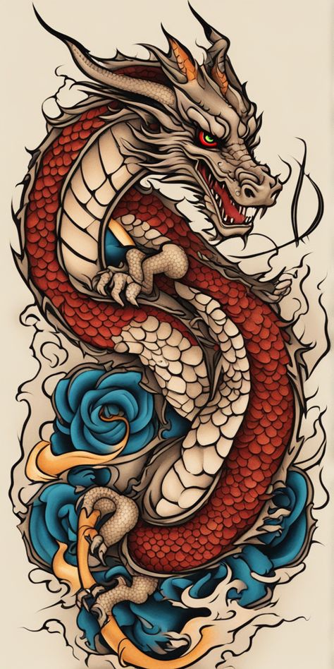 This image features a vibrant, traditional-style dragon tattoo illustrated on a blank canvas. The tattoo design comprises rich colors, depicting the mythical creature with intricate details. Dragon Drawing Color, Traditional Dragon Tattoo, Traditional Japanese Dragon, Asian Dragon Tattoo, Dragon Tattoo Art, Eastern Dragon, American Dragon, Chinese Dragon Tattoos, Japanese Dragon Tattoo