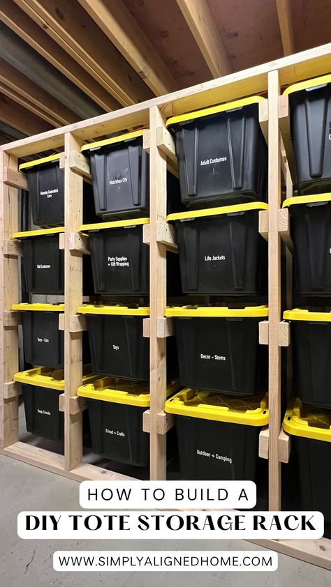 Diy Racks And Shelves, Garage Storage Container Ideas, Garage Storage Tub Organization, Storage Tub Organization Garage, Storage Organization Ideas Garage, Diy Shed Organization, Garage Layout Organization, Storage Shelf For Totes, Garage Storage And Organization Ideas