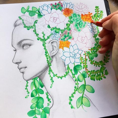 Adding some colour to my succulent hair girl! Plant Hair Drawing, Flower Hair Painting, Plant Growing Out Of Head Drawing, Woman With Flower Hair Tattoo, Drawing Succulents, Flowers Growing Out Of Head Drawing, Head With Flowers Coming Out Drawing, Tortured Artist, Woman With Flower Head Drawing