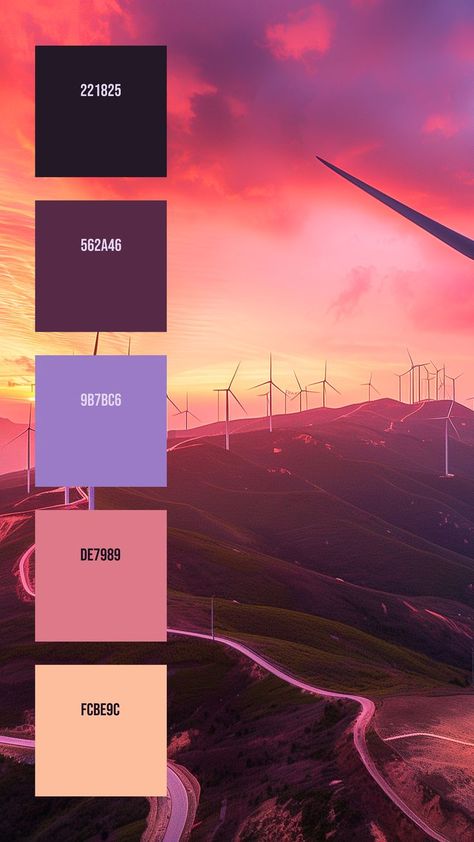 Colors:
221825
562A46
9B7BC6
DE7989
FCBE9C Colorful Sky, Pantone Colour Palettes, Hex Color Palette, Wind Turbines, Wind Farm, Purple And Orange, Panoramic View, Building A Deck, Hex Colors