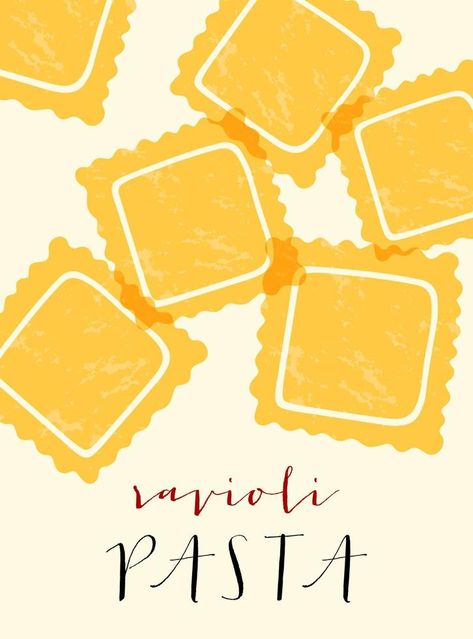 Ravioli Italian pasta. Ravioli poster illustration. Modern print for menu design, cookbooks, invitations, greeting cards. Italian Restaurant Design, Pasta Menu, Pasta Ravioli, Pasta Brands, Recipe Book Design, Pasta Art, Italian Dinner Party, Pasta Italiana, Restaurant Poster