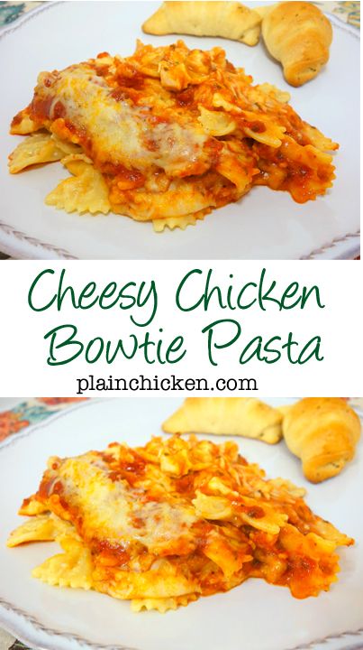 Cheesy Chicken Bowtie Pasta recipe - bow tie pasta, chicken, tossed in a homemade cheddar sauce and spaghetti sauce, topped with mozzarella and baked - SOOO delicious. Makes a great freezer meal. It makes a ton, so we freeze half of it for later. Serve with a side salad and crusty garlic bread. Pasta Recipes Bowtie, Bow Tie Pasta Chicken, Bowtie Pasta Recipe, Chicken Bowtie Pasta, Bow Tie Pasta Recipe, Cheddar Sauce, Cheesy Chicken Pasta, Bow Tie Pasta, Pasta Chicken