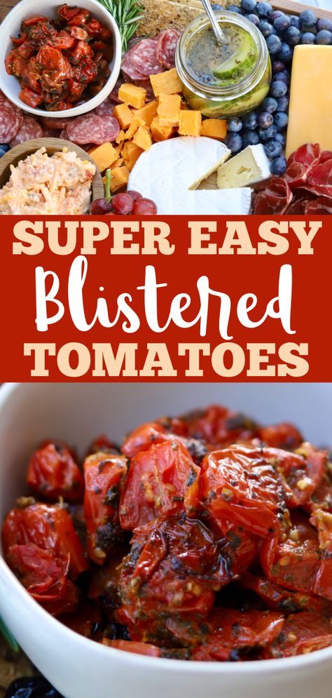 Blistered Cherry Tomatoes, Blistered Tomatoes, Tomatoes Recipe, Baked Tomatoes, Roasted Cherry Tomatoes, Tomato Pasta, Tomato Recipes, Yummy Sides, Vegan Paleo