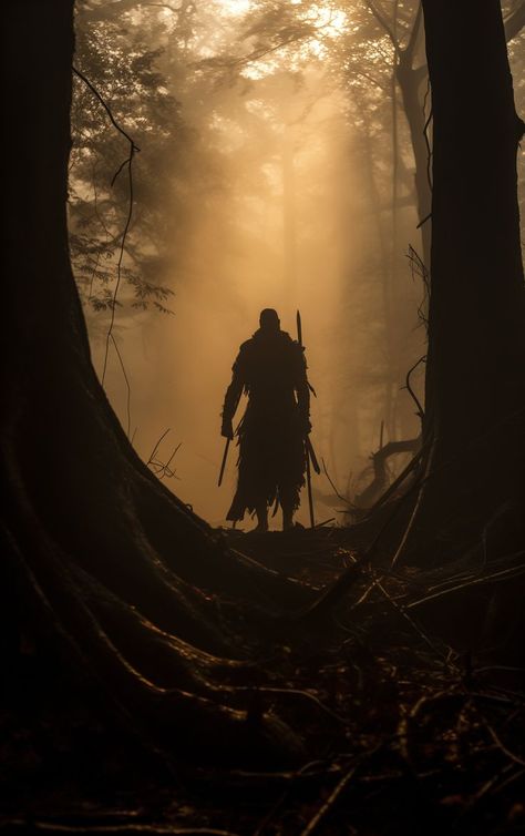 Amidst rising smoke and dense forest, the powerful silhouette of an ancient warrior with mask and spear emerges like a vision from the past. Ancient Warrior, Dense Forest, Last Stand, Black Gloves, Robin Hood, The Past, Forest, Mask