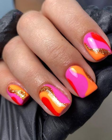 Holiday Nails Bright, Bright Holiday Nails Summer, Holiday Nails Summer Acrylic Bright, Bright Autumn Nails, Bright Summer Nails Designs Neon Fun Color Combos, Hot Pink Orange Nails, Orange Holiday Nails, Hot Orange Nails, Nails Trendy 2023