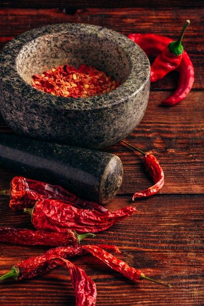 Chili Pepper Aesthetic, Chili Pictures, Pepper Aesthetic, Red Backsplash, Spices Photography, Stone Mortar, Chilli Oil, Dried Peppers, Flavored Salts