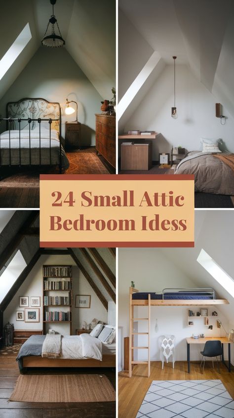 For small attic bedroom ideas with a French country aesthetic, consider using light, pastel colors, floral prints, and vintage furniture pieces. A small, cozy bed with a wrought-iron headboard and a few antique decor items like wooden crates and mirrors create a classic look. For slanted walls and low ceilings, choose decor that sits low to the ground, keeping the room feeling spacious and charming. Small Attic Bedroom Designs, Low Ceiling Attic Bedroom, Small Attic Spaces, Small Attic Bedroom Ideas, Cozy Attic Bedroom, Low Ceiling Attic, Small Attic Bedroom, French Country Aesthetic, Wrought Iron Headboard