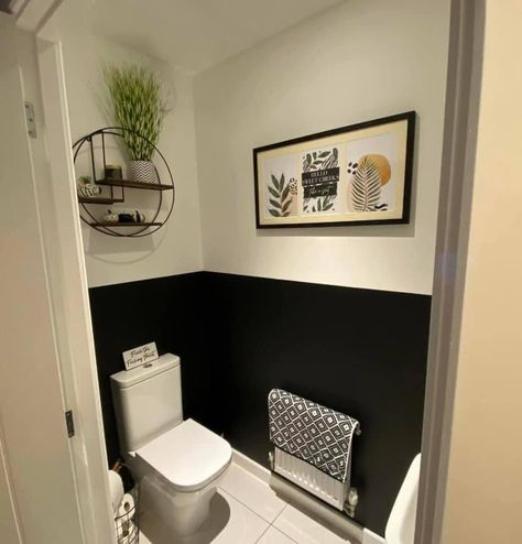 Black White Toilet Room, Black And White Wc Toilets, Simple Downstairs Toilet Ideas, Downstairs Toilet Half Painted, Half Bathroom Ideas Black And White, Black Cloakroom Toilet, Black And White Small Toilet, Downstairs Toilet Ideas Black And White, Dark Toilet Room Ideas