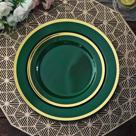 10 Pack | 7" Regal Gold Rim Plastic Dessert Appetizer Plates - Round Hunter Emerald Green | Tableclothsfactory Plastic Plates Wedding, Emerald Green And Gold, Gold Centerpieces, Disposable Plates, Appetizer Salads, Dessert Appetizers, Appetizer Plates, Plastic Plates, Dessert Plates