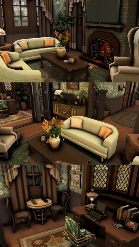 Sims 4 Dark Academia Living Room, Bloxburg Cottage Interior Ideas, Victorian Bloxburg House Ideas, Sims 4 Vintage Living Room, Sims 4 Country Living Room, Sims 4 Victorian Living Room, Dark Academia House Bloxburg, Bloxburg Victorian Living Room, Fall Bathroom Bloxburg