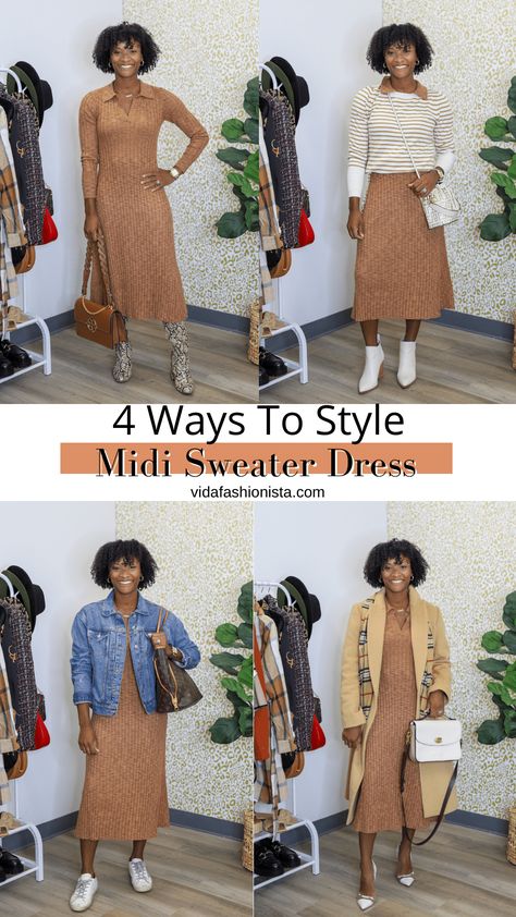 4 Ways To Style Midi Sweater Dress Midi Sweater Dress Outfit, Ways To Style A Sweater, Style A Sweater Dress, Over Weight, Outfit Options, Midi Sweater Dress, Inspirational Prayers, Sweater Dress Midi, Bag Dress