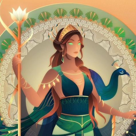 Yliade on Instagram: "Hera, Queen of Olympus, goddess of women, marriage, childbirth, children and family.  #artist #artwork #art #drawing #pantheon #hera #peacock #mythology #greekgods #tarot #esoterism #greece #goddess #fantasy #artdeco" Yliade Art, Greece Goddess, Hera Goddess, Sacred Marriage, Zeus And Hera, Mythological Characters, Greek Pantheon, Women Marriage, Daughter Of Zeus