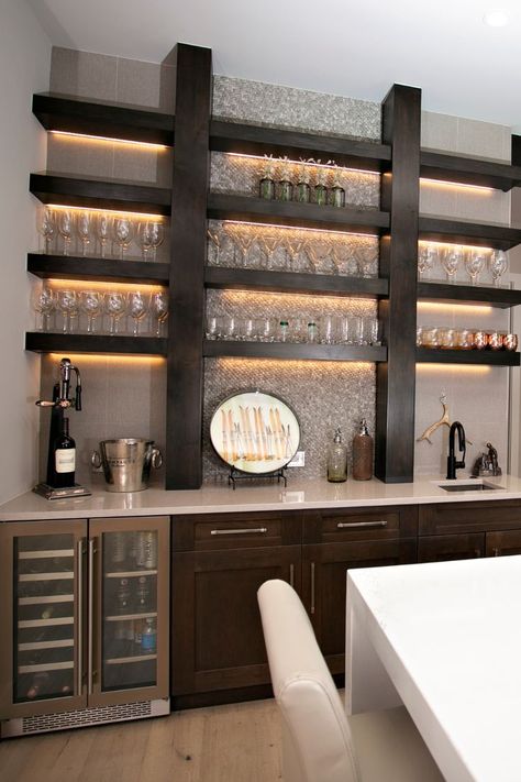 Inside Bars Ideas, Outside Wet Bar Ideas, Bar In Wall Niche, Custom Bars For Home Modern, Kitchen And Wet Bar Combo, Basement Bar And Office, Wall Bar In Dining Room, Custom Bar Small Space, Enclosed Bar Ideas For Home