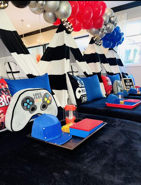 Roblox Birthday Party Ideas | Photo 3 of 8 | Catch My Party Roblox Birthday Party Ideas, Roblox Birthday Party, Boy Sleepover, Teepee Sleepover, Sleepover Tents, Birthday Sleepover Ideas, Tent Ideas, Roblox Party, Roblox Birthday