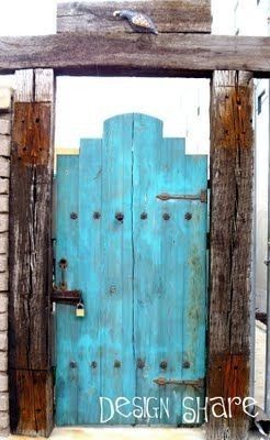 Turquoise Gate, Wooden Gate, Outer Limits, Rustic Backyard, Pallet Fence, Window Security, Adobe House, Santa Fe Style, Southwest Decor