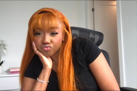 Ginger Hair With Bangs Black Women, Wigs With Bangs For Black Women, Ginger Hair Bangs, Orange Hair Black Women, Ginger Wig With Bangs, Side Part With Bangs, Ginger Hair Black Women, Black Girls With Bangs, Frontal Wig Hairstyles