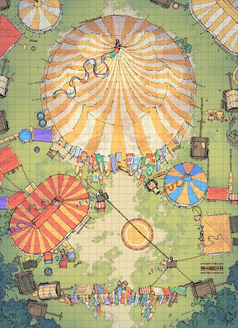 Top-Down Circus Tent / Witchlight Carnival Battle Map Ravenloft Carnival, Circus Battle Map Dnd, Carnival Battlemap, Witchlight Carnival Dnd, Dnd Carnival Map, Dnd Festival Map, Circus Battlemap, Fantasy Carnival Art, Wild Beyond The Witchlight Map