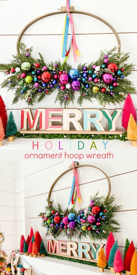 Diy Colorful Wreath, Diy Colourful Christmas Decorations, Modern Christmas Door, Bright Christmas Wreath, Colorful Christmas Wreaths Diy, Rainbow Christmas Wreath, Merry And Bright Christmas Wreath, Anthropologie Christmas Wreath, Colorful Wreaths Christmas