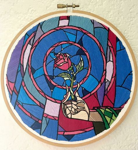 Stained Glass Beauty And The Beast, Beauty And The Beast Stained Glass Art, Beauty And The Beast Stained Glass, Stained Glass Cross Stitch Patterns, Stained Glass Embroidery, Stained Glass Cross Stitch, Appa Embroidery, Glass Embroidery, Embroidery Lessons