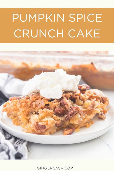 a piece of pumpkin spice crunch cake on a plate with whipped topping Pumpkin Crunch Recipe, Pumpkin Crunch Cake Recipe, Crunch Cake Recipe, Layered Pumpkin Dessert, Pumpkin Dump Cake Recipe, Pumpkin Crunch Cake, Pumpkin Crunch, Warm Desserts, Dump Cake Pumpkin