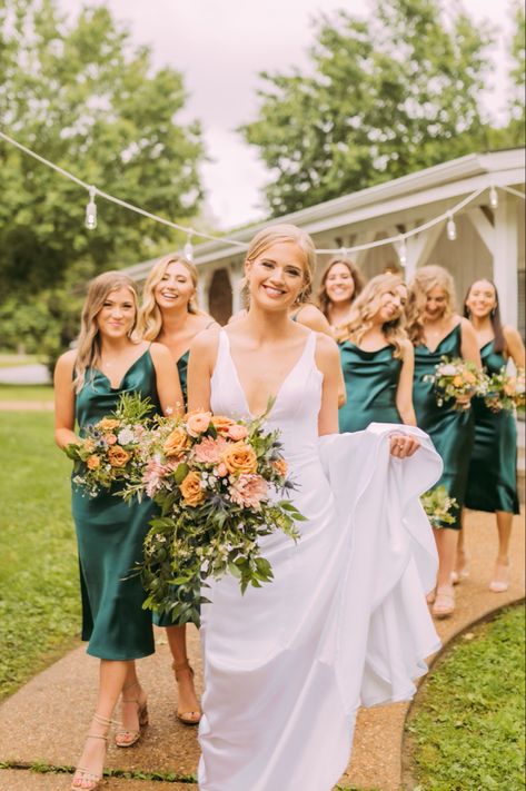 Blue Entourage, Emerald Green Bridesmaid Dress, Pink Wedding Florals, Blue Peach Wedding, Navy Blue Tux, Bridesmaid Dress Green, Hunter Green Bridesmaid Dress, September Wedding Colors, Blue Tux