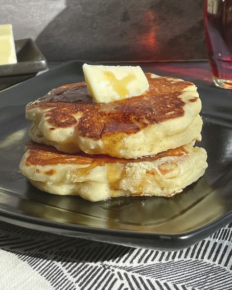 a photo of two thick griddle cakes with a pat of butter on top, on a square black plate. Old Fashioned Pancakes, Scotch Pancakes, Griddle Cakes, Small Microwave, Cheese Bites, Sugary Food, Pancakes And Waffles, Peanut Free, Brunch Recipes