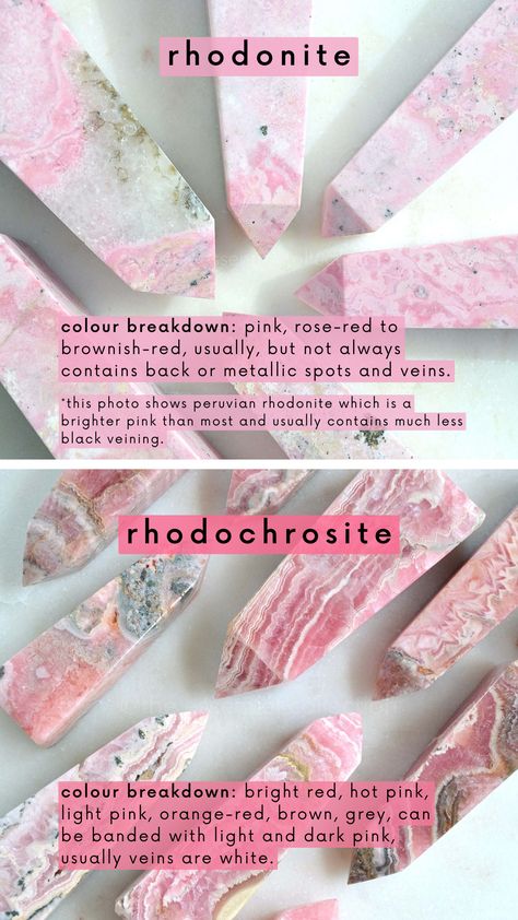 Rhodochrosite Crystal Meaning, Rhodonite Crystal Meaning, Colours And Names, Best Healing Crystals, Crystal Healing Chart, Physical Characteristics, Spot The Difference, Gemstone Meanings, What Is The Difference Between