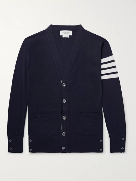 Stateside label Thom Browne is lauded for preppy staples, like this cardigan. Knitted in Italy from fine wool, it has the label's signature striped sleeve and a semi-fitted cut for a smart look. Leave the top and bottom buttons undone to show off the tricolour trim. Gucci Trousers, Thom Browne Shoes, Thom Browne Cardigan, Thom Browne Shirt, Cardigan Knitted, Merino Wool Cardigan, Mens Designer Fashion, Striped Sleeve, Knitwear Men