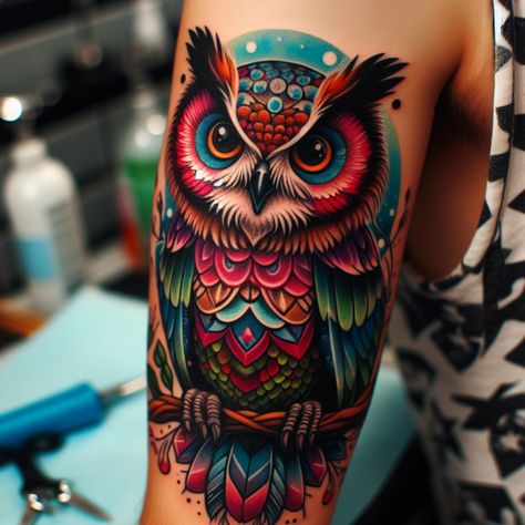 Unique owl tattoos that stand out. Explore creative ideas for your next tattoo session. #tattoo_art #tattoo_sketch #tattoo #tattoo_for_woman #tattoo_ideas #tattoo_for_man Colourful Tattoo Ideas For Men, Neo Traditional Owl Tattoo, Owl Tattoo For Women, Tattoo Art Ideas, Traditional Owl, Watercolor Owl Tattoos, Mens Owl Tattoo, Traditional Owl Tattoos, Colorful Owl Tattoo