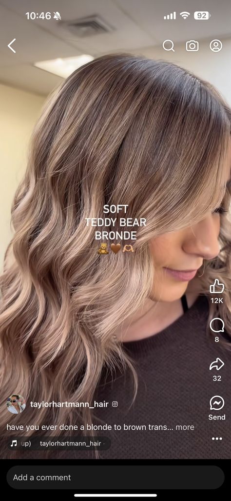 Bronde Balayage Cool, Teddy Bear Hair Color Blonde, Light Brown Fall Hair Balayage, Teddy Bear Brunette Balayage, Blonde For Cool Tone Skin, Light Brown Deminsional Hair, Neutral Hair Color Ideas Brown, Soft Teddy Bear Bronde, Level 8 Hair Color With Highlights